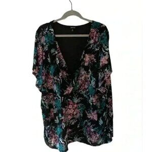 Torrid Womens Plus Size 6 Floral Print Sheer Black Blouse With Short Sleeves & S